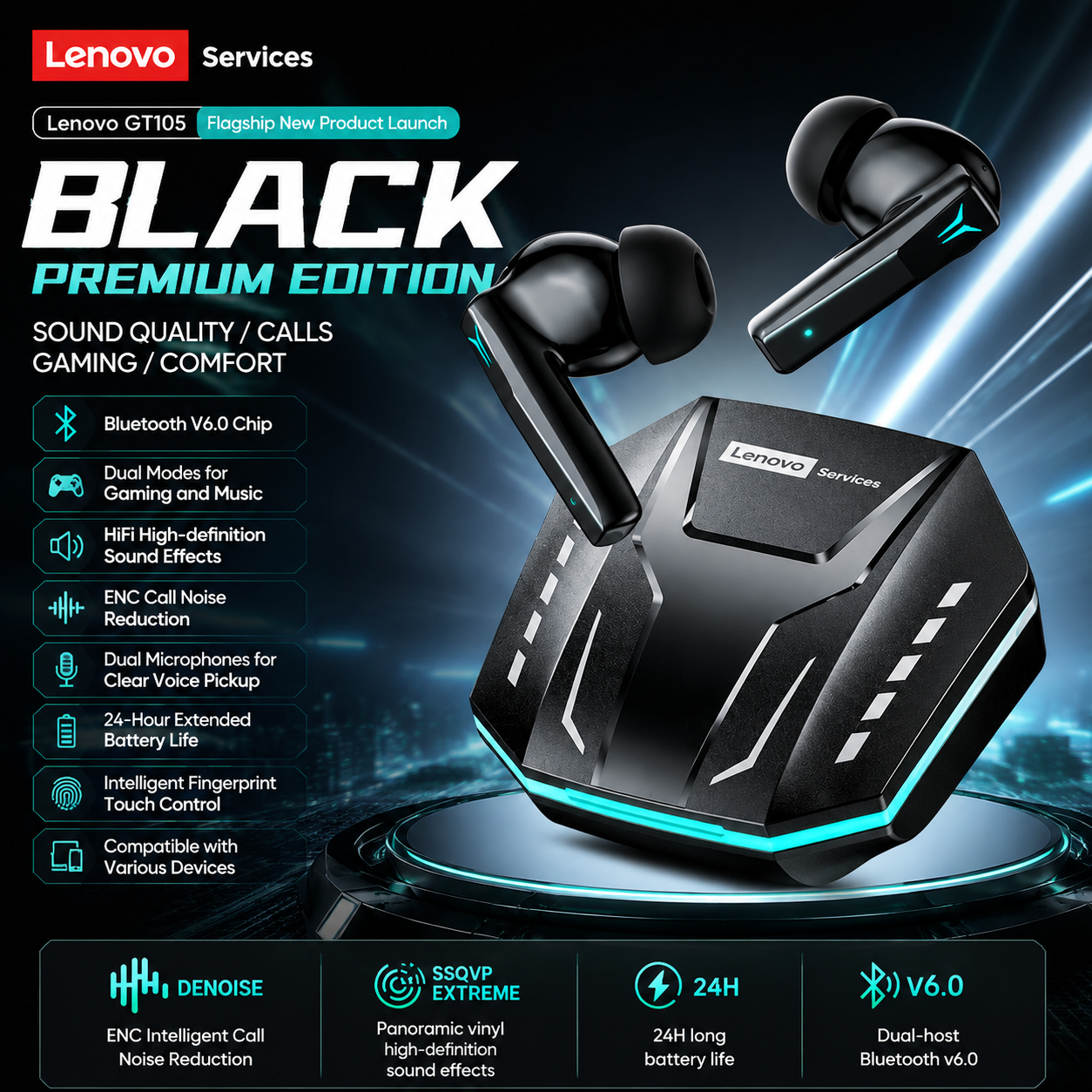 Esports Gaming Bar - Lenovo GT105 Gaming Headphones Bluetooth 6.0